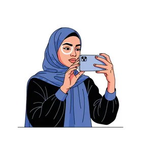 توثيق اللحظات السعيدة، رسم كرتوني لامرأة عربية خليجية سعودية مبتسمة ترتدي عباءة تلتقط صورة سيلفي تذكارية باستخدام الهاتف المحمول، ملامح النعومة والأنوثة، خلفية بيضاء، فيكتور اليستريتور