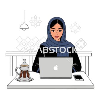 إدارة العمل والمهام اليومية عن بعد، رسم كرتوني لامرأة مبتسمة ترتدي عباءة تعمل في مقهى تستخدم الحاسوب المحمول، ملامح النعومة والأنوثة، تواصل وتصفح مواقع تواصل، خلفية بيضاء، فيكتور اليستريتور
