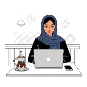 إدارة العمل والمهام اليومية عن بعد، رسم كرتوني لامرأة مبتسمة ترتدي عباءة تعمل في مقهى تستخدم الحاسوب المحمول، ملامح النعومة والأنوثة، تواصل وتصفح مواقع تواصل، خلفية بيضاء، فيكتور اليستريتور