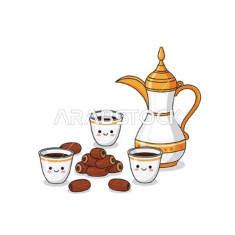 A metallic coffee pot in gold and white next to dates, the concept of generosity and hospitality, Saudi Arabian hospitality, traditional customs and traditions, a local national agricultural product, white background, vector illustration.