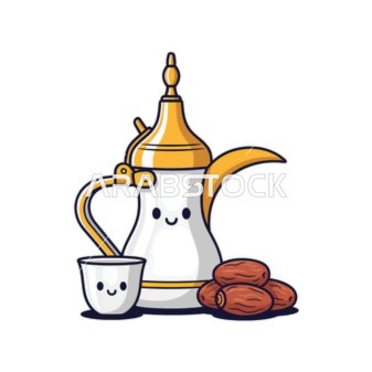 A metallic coffee pot in gold and white next to dates, the concept of generosity and hospitality, Saudi Arabian hospitality, traditional customs and traditions, a local national agricultural product, white background, vector illustration.