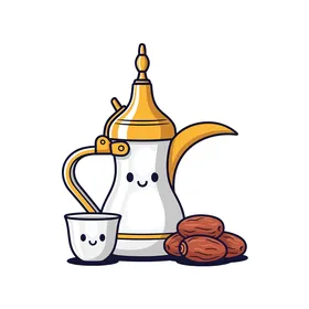 A metallic coffee pot in gold and white next to dates, the concept of generosity and hospitality, Saudi Arabian hospitality, traditional customs and traditions, a local national agricultural product, white background, vector illustration.