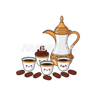 A metallic coffee pot in gold and white next to dates, the concept of generosity and hospitality, Saudi Arabian hospitality, traditional customs and traditions, a local national agricultural product, white background, vector illustration.