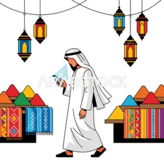 Walking according to the map, integrating technology into daily life, a drawing of an Arab Gulf Saudi man wearing traditional attire using his phone in a vibrant market, white background, vector illustration.