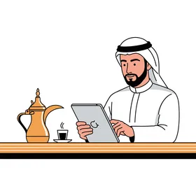 العمل وانجاز المهام اليومية في مقهى، رسم  لرجل عربي خليجي سعودي يستخدم جهاز لوحي ويستمتع بكوب من القهوة المفضلة،خلفية بيضاء، فيكتور اليستريتور