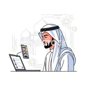 التواصل الحديث في الشرق الأوسط، رسم لرجل عربي يشارك في اجتماع افتراضي، يتواصل مع الآخرين عبر حاسوبه المحمول وهاتفه الذكي، مع خلفية مستوحاة من العمارة الإسلامية،خلفية بيضاء، فيكتور اليستريتور