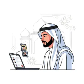 Modern communication in the Middle East, a drawing of an Arab man participating in a virtual meeting, communicating with others via his laptop and smartphone, with a background inspired by Islamic architecture, white background, vector illustration.