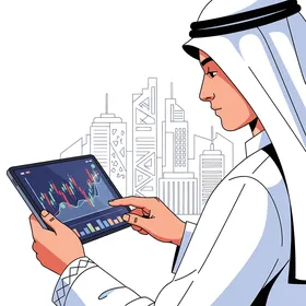 ملامح الخشونة والرجولة، رسم كرتوني لرجل أعمال عربي سعودي بالزي التقليدي يحلل اتجاهات السوق المالي على جهاز لوحي رقمي على خلفية أفق مدينة حديثة.، خلفية بيضاء، فيكتور اليستريتور