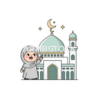 أركان الأسلام الصاة على وقتها، العبادة والتقرب إلى الله، رسم  لفتاة مسلمة عربية خليجية تزور المسجد، خلفية بيضاء، فيكتور اليستريتور