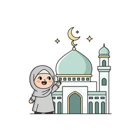 أركان الأسلام الصاة على وقتها، العبادة والتقرب إلى الله، رسم  لفتاة مسلمة عربية خليجية تزور المسجد، خلفية بيضاء، فيكتور اليستريتور