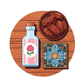 Authentic Arab customs and traditions, an illustration of Ramadan furnishings: a still life of dates, rose water, and Islamic art on a wooden plate, white background, vector illustration.