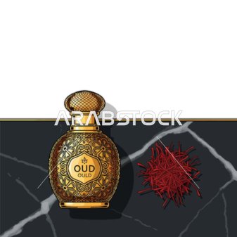 عادات وتقاليد عربية أصيلة، رسم توضيحي لزجاجة عطر العود الذهبية والزعفران، روائح العود العربي الخليجي، خلفية بيضاء، فيكتور اليستريتور