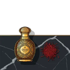 عادات وتقاليد عربية أصيلة، رسم توضيحي لزجاجة عطر العود الذهبية والزعفران، روائح العود العربي الخليجي، خلفية بيضاء، فيكتور اليستريتور