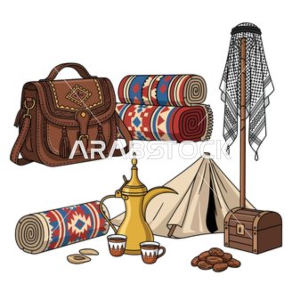 إحساسًا بالمغامرة والتراث الثقافي. رسم توضيحي لمجموعة آسرة من المستلزمات الصحراوية الشرق أوسطية التقليدية، تعرض حقيبة جلدية، سجادًا منقوشًا، دلة قهوة كلاسيكية مع أكواب، خيمة صغيرة، صندوق خشبي، وغترة،  خلفية بيضاء، فيكتور اليستريتور