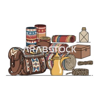 إحساسًا بالمغامرة والتراث الثقافي. رسم توضيحي لمجموعة آسرة من المستلزمات الصحراوية الشرق أوسطية التقليدية، تعرض حقيبة جلدية، سجادًا منقوشًا، دلة قهوة كلاسيكية مع أكواب، خيمة صغيرة، صندوق خشبي، وغترة،  خلفية بيضاء، فيكتور اليستريتور