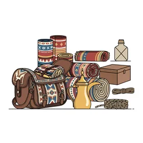 إحساسًا بالمغامرة والتراث الثقافي. رسم توضيحي لمجموعة آسرة من المستلزمات الصحراوية الشرق أوسطية التقليدية، تعرض حقيبة جلدية، سجادًا منقوشًا، دلة قهوة كلاسيكية مع أكواب، خيمة صغيرة، صندوق خشبي، وغترة،  خلفية بيضاء، فيكتور اليستريتور