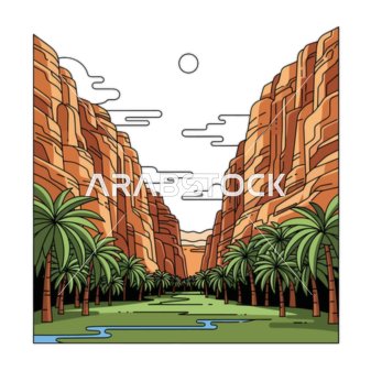 واحة وادي صحراوي مهيب، رسم توضيحي لمنظر طبيعي خلاب لوادي النخيل الشاهق مع أشجار النخيل الشاهقة وتشكيلات صخرية رائعة ونهر هادئ، خلفية بيضاء، فيكتور اليستريتور