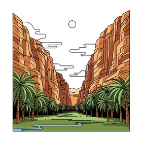 واحة وادي صحراوي مهيب، رسم توضيحي لمنظر طبيعي خلاب لوادي النخيل الشاهق مع أشجار النخيل الشاهقة وتشكيلات صخرية رائعة ونهر هادئ، خلفية بيضاء، فيكتور اليستريتور