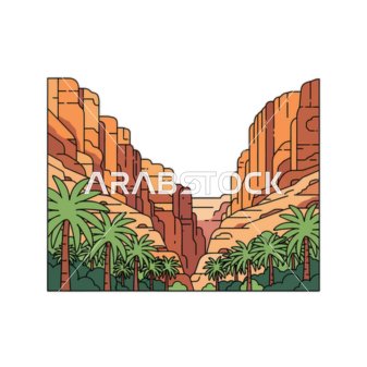 واحة وادي صحراوي مهيب، منظر طبيعي هادئ، رسم توضيحي لمنظر طبيعي خلاب لوادي النخيل الشاهق مع أشجار النخيل الشاهقة وتشكيلات صخرية رائعةن خلفية بيضاء، فيكتور اليستريتور