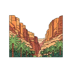 واحة وادي صحراوي مهيب، منظر طبيعي هادئ، رسم توضيحي لمنظر طبيعي خلاب لوادي النخيل الشاهق مع أشجار النخيل الشاهقة وتشكيلات صخرية رائعةن خلفية بيضاء، فيكتور اليستريتور