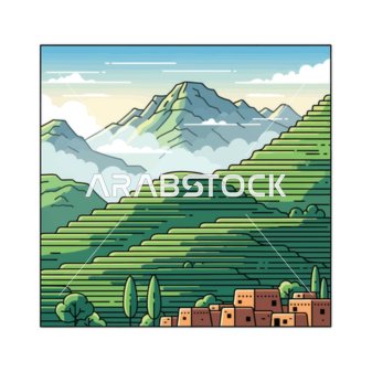 The green terraces are a serene landscape, with mountains, fields, and traditional architecture. A simple illustration of the green agricultural terraces in the picturesque Asir Mountains of Saudi Arabia, with a white background, vector illustration.