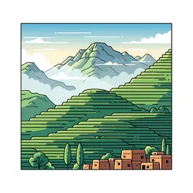The green terraces are a serene landscape, with mountains, fields, and traditional architecture. A simple illustration of the green agricultural terraces in the picturesque Asir Mountains of Saudi Arabia, with a white background, vector illustration.