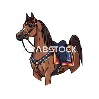 أصالة الخيل العربي، رسم توضيحي مذهل لحصان عربي رشيق بني، مزين بلجام وسرج تقليديين، يبرز جماله المهيب وأصالته، خلفية بيضاء، فيكتور اليستريتور