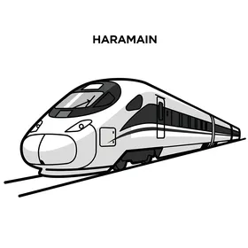 التنقل والمواصلات المتطورة الحديثة، رسم توضيحي لقطار الحرمين السريع، تحفة عصرية تربط المدن المقدسة مع بعضها، خلفية بيضاء، فيكتور اليستريتور