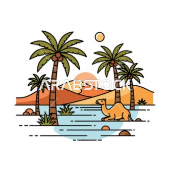 رسم مسطح ساحر، رسم توضيحي لواحة صحراوية هادئة يضم أشجار نخيل مهيبة، جملًا مستريحًا بجانب الماء، وكثبانًا رملية متدحرجة تحت شمس دافئة، خلفية بيضاء، فيكتور اليستريتور