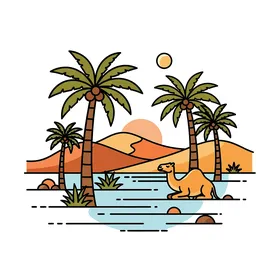 رسم مسطح ساحر، رسم توضيحي لواحة صحراوية هادئة يضم أشجار نخيل مهيبة، جملًا مستريحًا بجانب الماء، وكثبانًا رملية متدحرجة تحت شمس دافئة، خلفية بيضاء، فيكتور اليستريتور