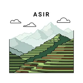 The green terraces are a serene landscape, with mountains, fields, and traditional architecture. A simple illustration of the green agricultural terraces in the picturesque Asir Mountains of Saudi Arabia, with a white background, vector illustration.