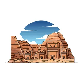 لمحة عن الحضارة النبطية القديمة في العلا، رسم توضيحي لمقابر الحجر المهيبة، المملكة العربية السعودية، خلفية بيضاء، فيكتور اليستريتور