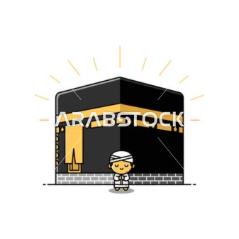 A sacred Islamic landmark, a cute cartoon drawing of a Muslim pilgrim standing in prayer and contemplation in front of the glowing Kaaba in Mecca, Saudi Arabia, white background, vector illustration.