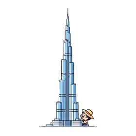 معلم مشهور أراج وناطحات سحاب، رسم توضيحي كرتوني ساحر لناطحة السحاب الشهيرة برج خليفة، مع شخصية صغيرة سعيدة تتطلع بإعجاب إلى ارتفاعها الشاهق. الإمارات العربية المتحدة، خلفية بيضاء، فيكتور اليستريتور