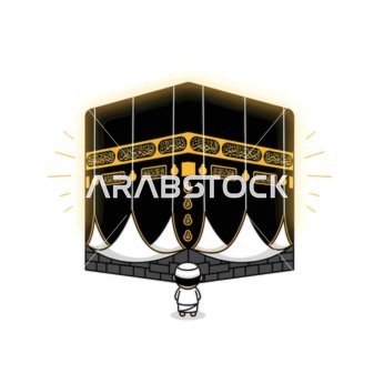 معلم أسلامي مقدس، رسم كرتوني لطيف لحاج مسلم يقف في صلاة وتأمل أمام الكعبة المشرفة المتوهجة في مكة المكرمة، المملكة العربية السعودية، خلفية بيضاء، فيكتور اليستريتور