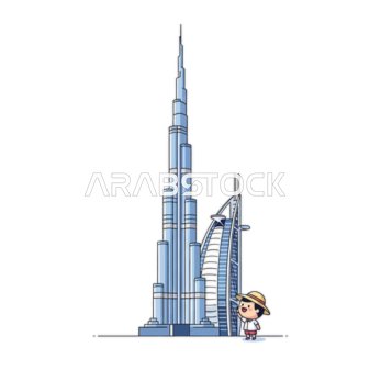 معلم مشهور أبراج وناطحات سحاب، رسم توضيحي كرتوني ساحر لناطحة السحاب الشهيرة برج خليفة، مع شخصية صغيرة سعيدة تتطلع بإعجاب إلى ارتفاعها الشاهق. الإمارات العربية المتحدة، خلفية بيضاء، فيكتور اليستريتور