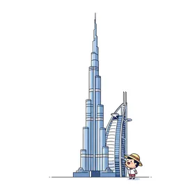 Famous landmark skyscrapers, a charming cartoon illustration of the famous Burj Khalifa skyscraper, with a small happy character looking up in admiration at its towering height. United Arab Emirates, white background, vector illustration.