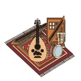 العزف والآلات الموسيقية، رسم توضيحي لمجموعة نابضة بالحياة من الآلات الموسيقية الشرق أوسطية التقليدية على سجادة مزخرفة ، خلفية بيضاء، فيكتور اليستريتور