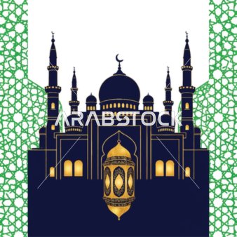 أداء الفرائض والصلوات والتقرب إلى الله، الفوانيس الملونة زينة شهر رمضان المبارك، الأماكن الدينية الإسلامية المقدسة, رسومات توضيحية لمسجد مبني على الطراز العريق, الفن الهندسي المعماري لبناء المساجد , خلفية بيضاء, فيكتور اليستريتور
