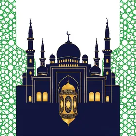 أداء الفرائض والصلوات والتقرب إلى الله، الفوانيس الملونة زينة شهر رمضان المبارك، الأماكن الدينية الإسلامية المقدسة, رسومات توضيحية لمسجد مبني على الطراز العريق, الفن الهندسي المعماري لبناء المساجد , خلفية بيضاء, فيكتور اليستريتور