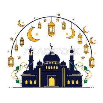 رسومات توضيحية لمسجد مبني على الطراز العريق, أداء الفرائض والصلوات والتقرب إلى الله، الفوانيس الملونة زينة شهر رمضان المبارك، الأماكن الدينية الإسلامية المقدسة, الفن الهندسي المعماري لبناء المساجد , خلفية بيضاء, فيكتور اليستريتور