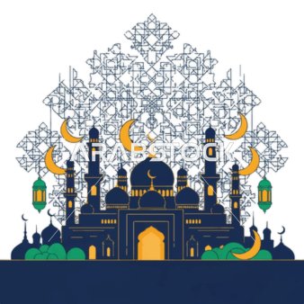 رسومات توضيحية لمسجد مبني على الطراز العريق, أداء الفرائض والصلوات والتقرب إلى الله، الفوانيس الملونة زينة شهر رمضان المبارك، الأماكن الدينية الإسلامية المقدسة, الفن الهندسي المعماري لبناء المساجد , خلفية بيضاء, فيكتور اليستريتور
