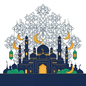 رسومات توضيحية لمسجد مبني على الطراز العريق, أداء الفرائض والصلوات والتقرب إلى الله، الفوانيس الملونة زينة شهر رمضان المبارك، الأماكن الدينية الإسلامية المقدسة, الفن الهندسي المعماري لبناء المساجد , خلفية بيضاء, فيكتور اليستريتور