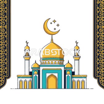 رسومات توضيحية لمسجد مبني على الطراز العريق, أداء الفرائض والصلوات والتقرب إلى الله، الفوانيس الملونة زينة شهر رمضان المبارك، الأماكن الدينية الإسلامية المقدسة, الفن الهندسي المعماري لبناء المساجد , خلفية بيضاء, فيكتور اليستريتور