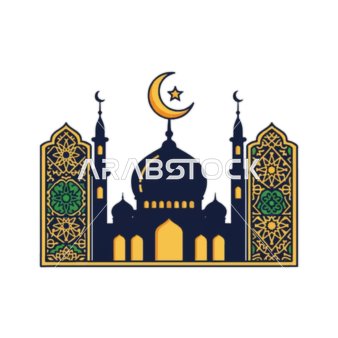 الفوانيس الملونة زينة شهر رمضان المبارك، الأماكن الدينية الإسلامية المقدسة, أداء الفرائض والصلوات والتقرب إلى الله، رسومات توضيحية لمسجد مبني على الطراز العريق, الفن الهندسي المعماري لبناء المساجد , خلفية بيضاء, فيكتور اليستريتور