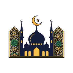الفوانيس الملونة زينة شهر رمضان المبارك، الأماكن الدينية الإسلامية المقدسة, أداء الفرائض والصلوات والتقرب إلى الله، رسومات توضيحية لمسجد مبني على الطراز العريق, الفن الهندسي المعماري لبناء المساجد , خلفية بيضاء, فيكتور اليستريتور