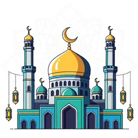 أداء الفرائض والصلوات والتقرب إلى الله، الفوانيس الملونة زينة شهر رمضان المبارك، الأماكن الدينية الإسلامية المقدسة, رسومات توضيحية لمسجد مبني على الطراز العريق, الفن الهندسي المعماري لبناء المساجد , خلفية بيضاء, فيكتور اليستريتور