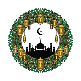 Illustrations of a mosque built in the ancient style, performing obligations and prayers and getting closer to God, colorful lanterns adorn the blessed month of Ramadan, sacred Islamic religious places, architectural engineering art for building mosques, white background, vector illustrator.