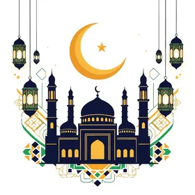 Performing obligatory acts and prayers and getting closer to God, colorful lanterns are the decoration of the blessed month of Ramadan, sacred Islamic religious places, illustrative drawings of a mosque built in the ancient style, architectural geometric art of mosque construction, white background, vector illustrator.