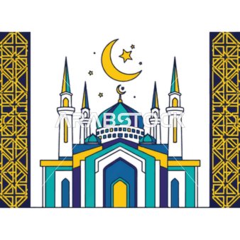 الفوانيس الملونة زينة شهر رمضان المبارك، الأماكن الدينية الإسلامية المقدسة, أداء الفرائض والصلوات والتقرب إلى الله، رسومات توضيحية لمسجد مبني على الطراز العريق, الفن الهندسي المعماري لبناء المساجد , خلفية بيضاء, فيكتور اليستريتور